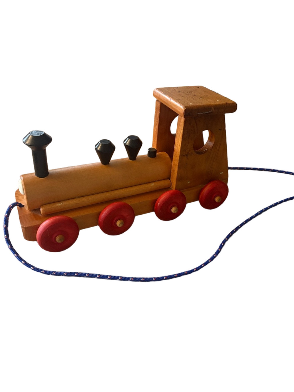 Handcrafted Vintage Wooden Pull-Along Train Toy in Natural Wood and Red
